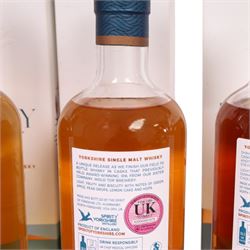 Spirit of Yorkshire Distillery, Filey Bay IPA Finish first batch single malt whisky, 70cl 46% vol, STR Finish  single malt whisky, 70cl 46% vol, Moscatel Finish  single malt whisky, 70cl 46% vol and Flagship  single malt whisky, 70cl 46% vol 