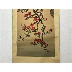 Japanese scroll painting depicting sparrows perched upon a blossoming branches, L200cm 