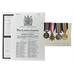 WW1 Military Medal KIA group of four comprising MM, British War Medal, 1914-15 Star and Victory Medal awarded to 32225 Pte. (later A.Sjt.) E.L. Holmes R.A.M.C., the MM inscribed 28F/A R.A.M.C.; all with ribbons; together with photocopied research material including newspaper article with presentation photograph, CWGC certificate,  London Gazette entry etc