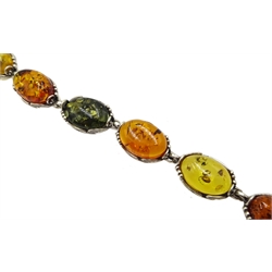 Silver multi coloured Baltic amber link bracelet, stamped 925