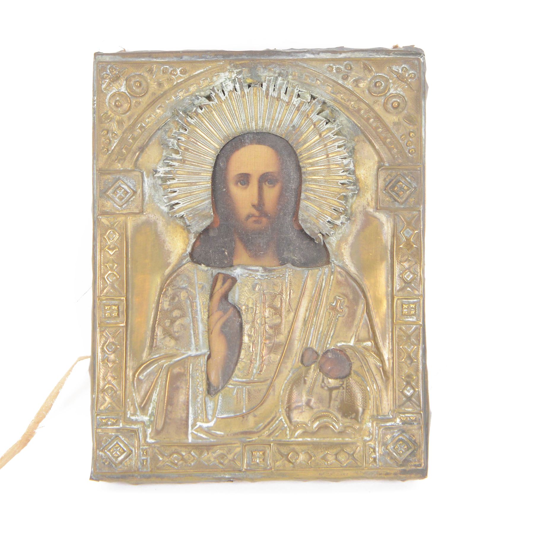 20th century Russian Orthodox icon depicting Jesus, in brass fronted painted wood panel, H22cm