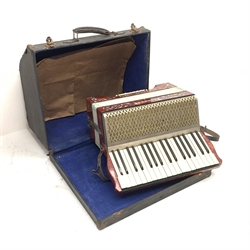  RTV - German Hohner Carmen-Vineta piano accordion with decorative red pearline finish, twenty keys and twenty-four buttons W24cm in carrying case  