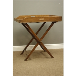  19th century oak butlers tray on folding stand, 77cm x 52cm, H83cm  