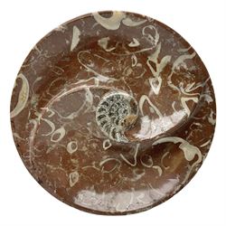 Large circular dish with a raised Goniatite to the centre and Orthoceras inclusion, age: Devonian period, location: Morocco, D30cm