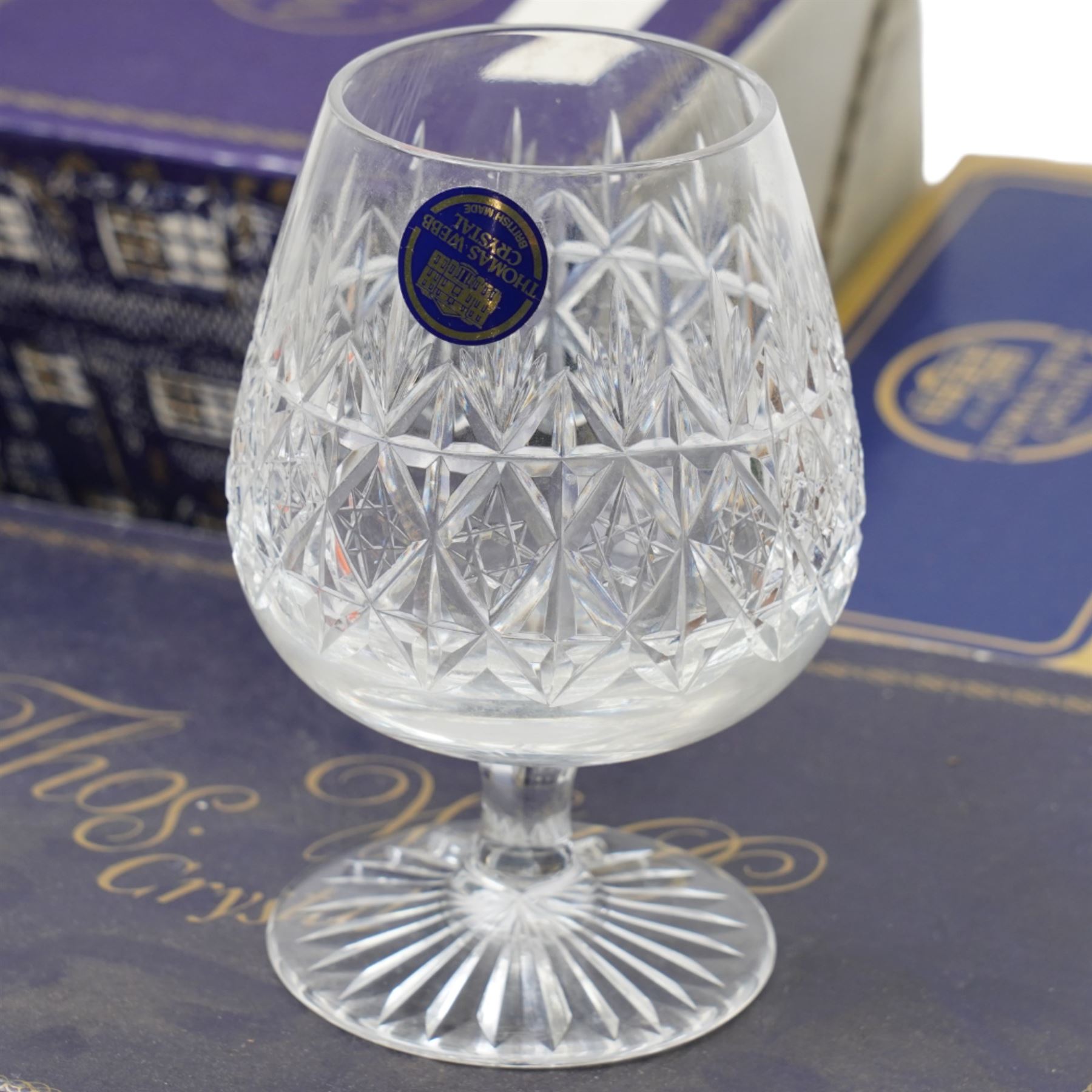 Large collection of boxed Thomas Webb crystal examples, mostly drinking vessels, in various patterns, between two boxes