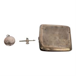 Collection of silver, including pair of silver mounted clothes brushes, cigarette case, mustard pot, pepper shaker, glass jar with silver lid and oval box