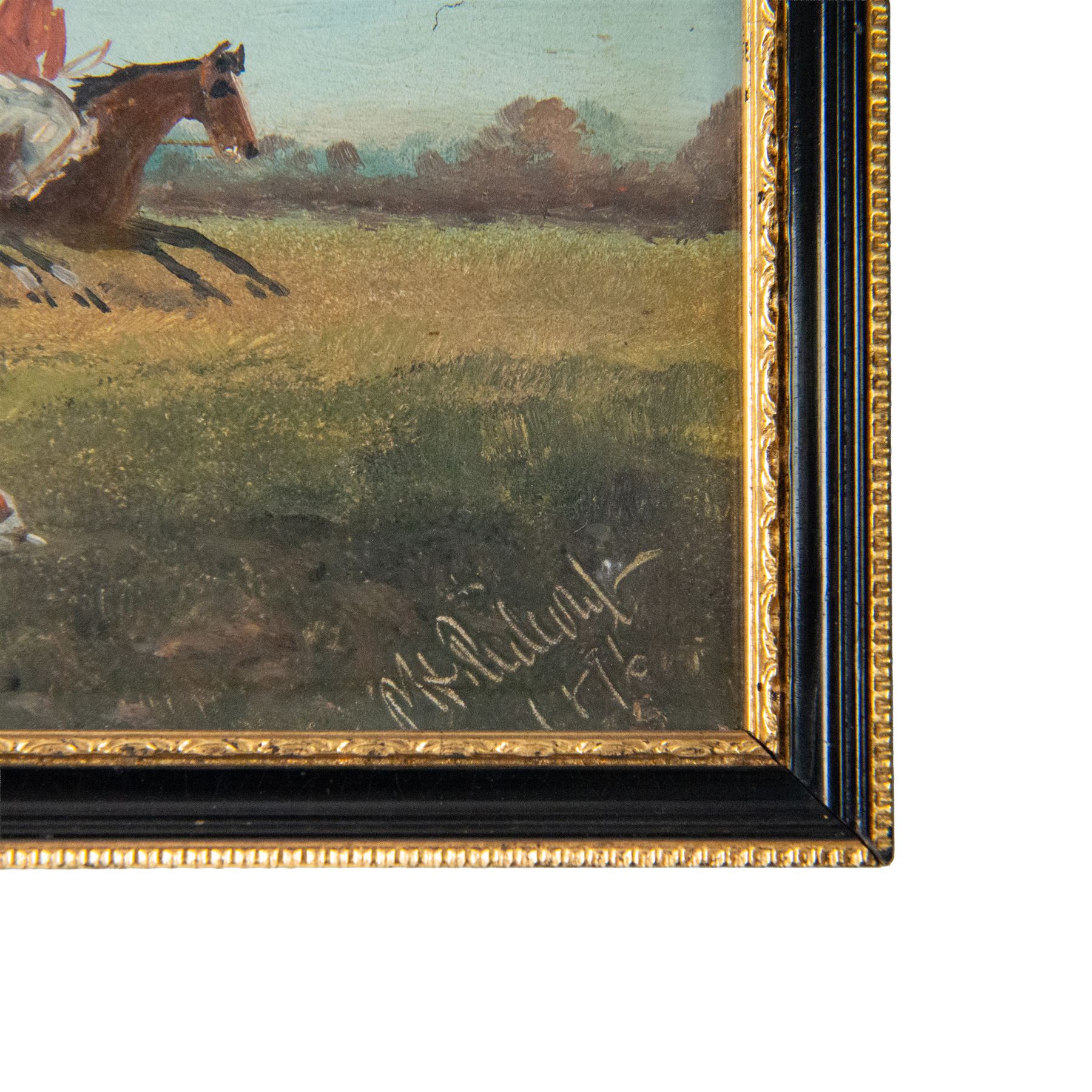 Philip Henry Rideout (British 1860-1920): The Hunt, pair oils on board signed and dated 1896, 15cm x 30cm 