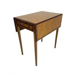 Mid to late 20th century Sheraton style satinwood Pembroke table, the drop leaf top with segmented veneers and central oval panel with ebony stringing, crossbanded in rosewood and with edge moulding, single short drawer to one end and faux drawer to other, square tapering supports