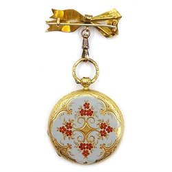  Baudin Freres 19th century gold, enamel and split seed pearl full hunter pocket watch no. 6846, case stamped 18K M P & Co, with gold bow clip, stamped 9 375  