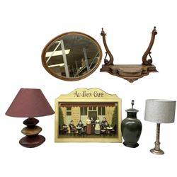 Dressing table mirror for restoration together with three table lamps together with a cafe sign, Au Bon Cafe with a relief moulded scene outside a cafe, sign H56cm, L73cm