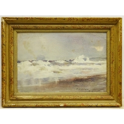  Patrick William Adam RSA (Scottish 1854-1929): The Bass Rock  'A Nor-Easter North Berwick', watercolour signed and dated 1888, titled and inscribed on label verso 25cm x 37cm  
Provenance: private collection; with Doig Wilson & Wheatley, George St. Edinburgh; gifted to Mr& Mrs Esson by Mr & Mrs Adam, April 1903, inscribed verso