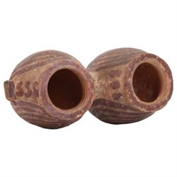 Miniature Egyptian pottery double-bodied jar, Predynastic Period, the two conjoined jars of ovoid form, each with pierced lug handle, and painted with spirals, tapering to flat bases, bearing Sotheby's label, H6cm W10cm
