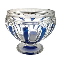 Mid 20th century Val Saint Lambert style pedestal bowl, the clear cut glass with blue overlay panelled decoration, raised upon spreading circular foot, H15cm D18cm