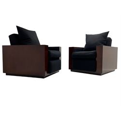 Ralph Lauren - pair 'Metropolis' Art Deco design club armchairs, rosewood finish box frame, upholstered in black fabric