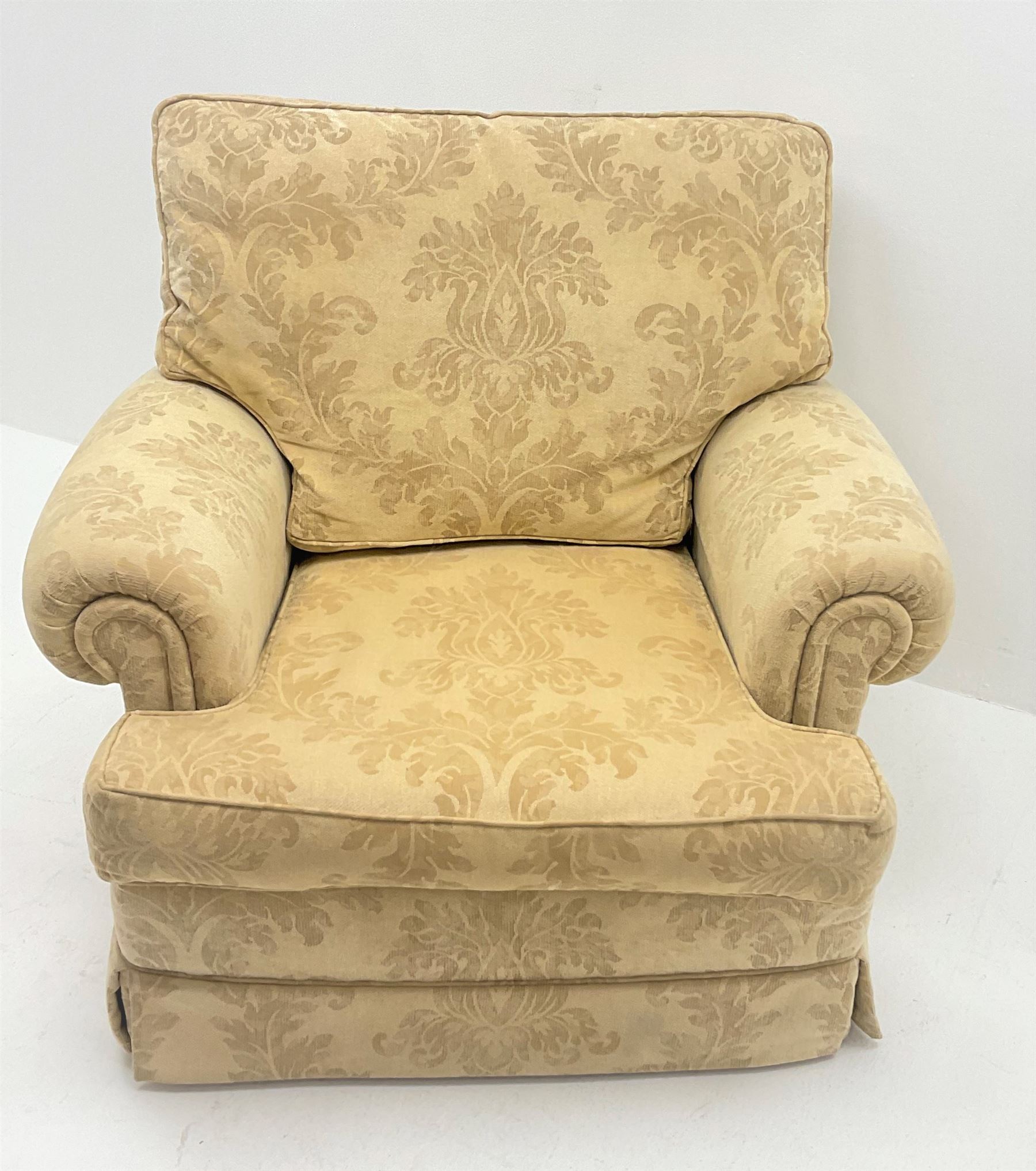 Duresta Waldorf Grande - three seat sofa (L230cm, D100cm) and matching armchair (W115cm, D100cm), scroll arms, upholstered in a pale gold foliate patterned fabric with matching scatter cushions 