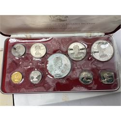 Six Commonwealth of the Bahamas Islands nine coin sets, dated 1972, 1973, 1974, 1975, 1976 and 1979, all minted at the Franklin Mint and containing high denomination silver coins, all cased, and a Bahamas Anniversary 1978 two coin set comprised of two silver proof ten dollar coins, cased 