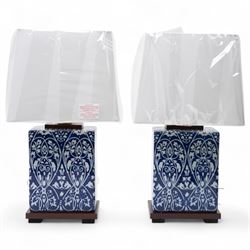 Pair of Ralph Lauren blue and white table lamps, with shades, H41cm