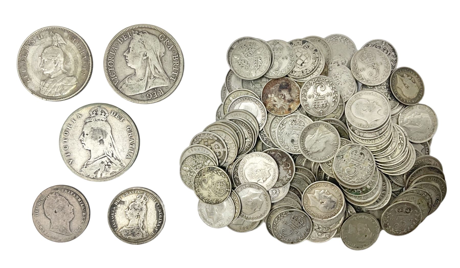 German East Africa 1906 one rupie, Queen Victoria 1889 and 1900 halfcrowns, various pre-1947 Great British silver threepence pieces etc