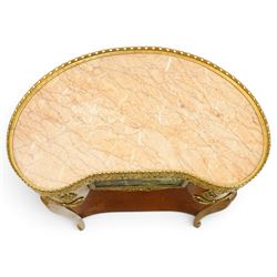 French Louis XV design inlaid kidney-shaped occasional table, the shaped pink marble top with pierced and raised gilt metal gallery edge of egg-and-dart design with swags, fitted with central drawer with a pastoral scene to facia, flanked by gilt metal mounts, raised on cabriole supports united by shaped undertier 