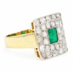 18ct gold emerald and diamond cluster ring, single octagonal cut emerald of approx 0.60 carat, surrounded by two rows of round cut diamonds in a square setting, total diamond weight approx 1.10 carat 