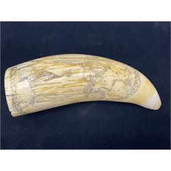 19th century scrimshaw sperm whale tooth from the whaler 'Dove' initialled J.A, Notes, Dove was a Union whaling boat, built at Newbury. Tt was scuttled as part of the Second Stone Fleet on January 25th-26th, 1862, in an attempt to block Charleston Harbor. The captain of the Dove was Captain James Wells Green Port. There were five members of the crew had the initials J.A, any of which could have created the scrimshaw.