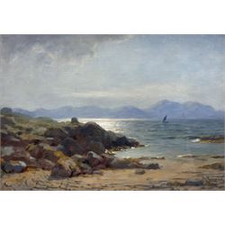 Duncan Cameron (Scottish 1837-1916): 'Arran from the Ayrshire', oil on canvas signed, original title label verso 24cm x 34cm 
Provenance: private collection, purchased John Swan Limited Auctioneers 28th November 2013 Lot 46