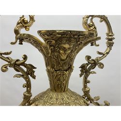 Twin handled vase, the ceramic urn form body decorated with floral sprigs and figural panel, the metal handles designed as vines, together with a similar ewer, vase H75cm 