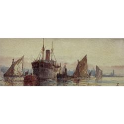 Frederick James Aldridge (British 1850-1933): Ships Moored at Sunset, watercolour signed with monogram 7cm x 17cm