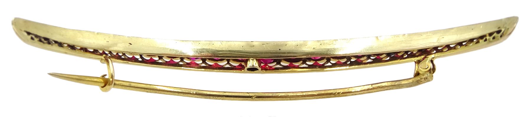 Early 20th century 9ct gold synthetic ruby crescent brooch, in fitted silk and velvet lined box by Searle & Co, London