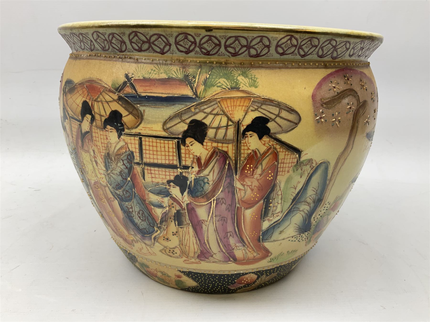 Chinese fish bowl of satsuma style, the exterior decorated with traditional figures, flowers and trees, the interior painted with koi carp, H24cm