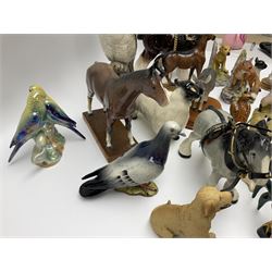 Beswick pigeon no 1383 and a collection of other ceramic animal figures including Campsie Ware lustre budgies, Kowa red fox and Labrador, two shire ponies, two sheep, etc 