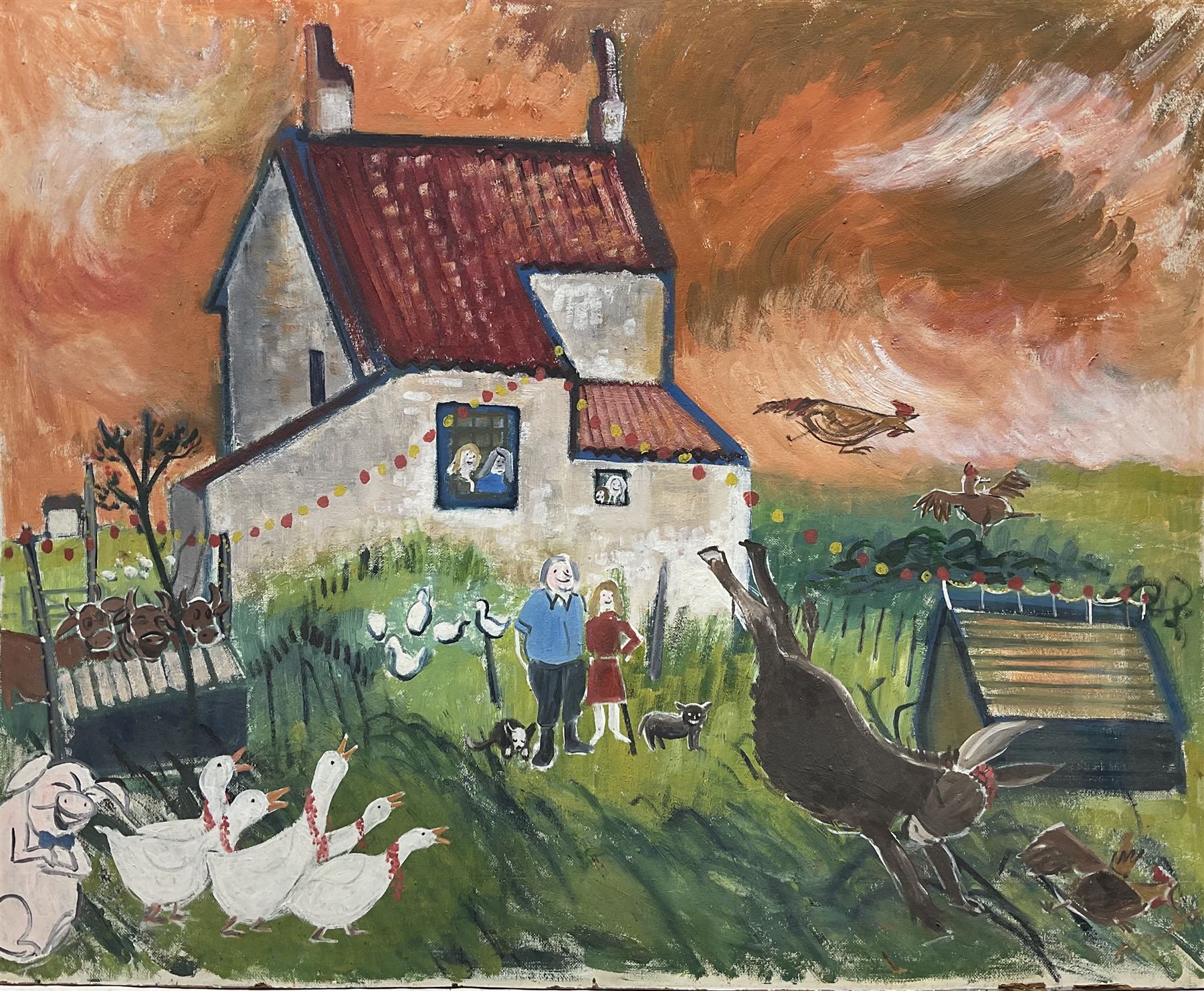 Pat Faust (British fl.1950-2000): 'North Moor Farm - Flamborough Yorkshire', oil on board signed, titled verso 100cm x 127cm (unframed)