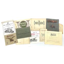 Motoring History - nine early 20th century manufacturer's vehicle catalogues including Swift 7hp Two-seater with additional brochure and letter 1910; De Dion-Bouton Automobiles 1909; Briton Cars 1909;Adams Cars with two other brochures 1909; Rover Cars 1909; Belsize Cars c1910; The Incomparable White Steam Car 1909; NSU Voiturette c1910; and Thornycroft Petrol Commercial Vehicles with 1907 price list (9)