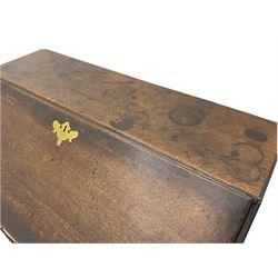 Georgian oak bureau, fall front enclosing fitted interior, four long graduating drawers, on bracket feet