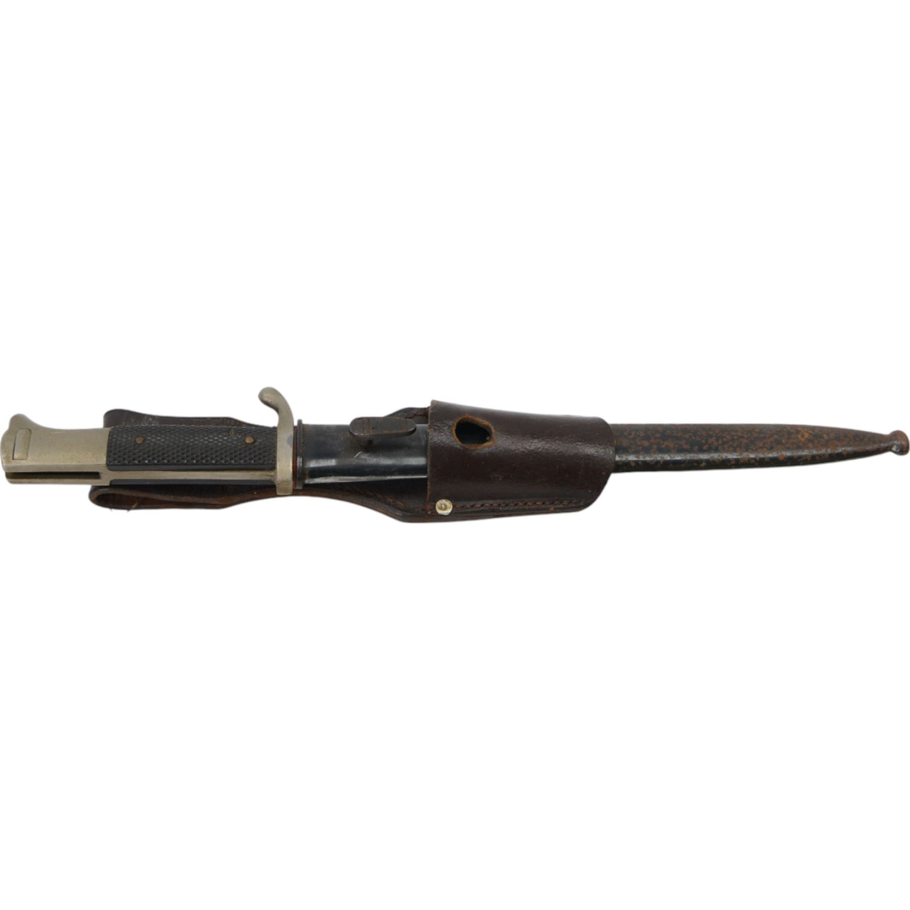 WWII German bayonet marked S/174, in scabbard, with leather frog, the frog marked H. Glemen Elberfeld 1938, together with another German bayonet and frog  