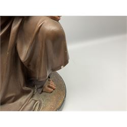 Two religious painted plaster figures of Mary and Joseph kneeling on oval plinths, with impressed mark 'Raffl et Cie Paris', H60cm 