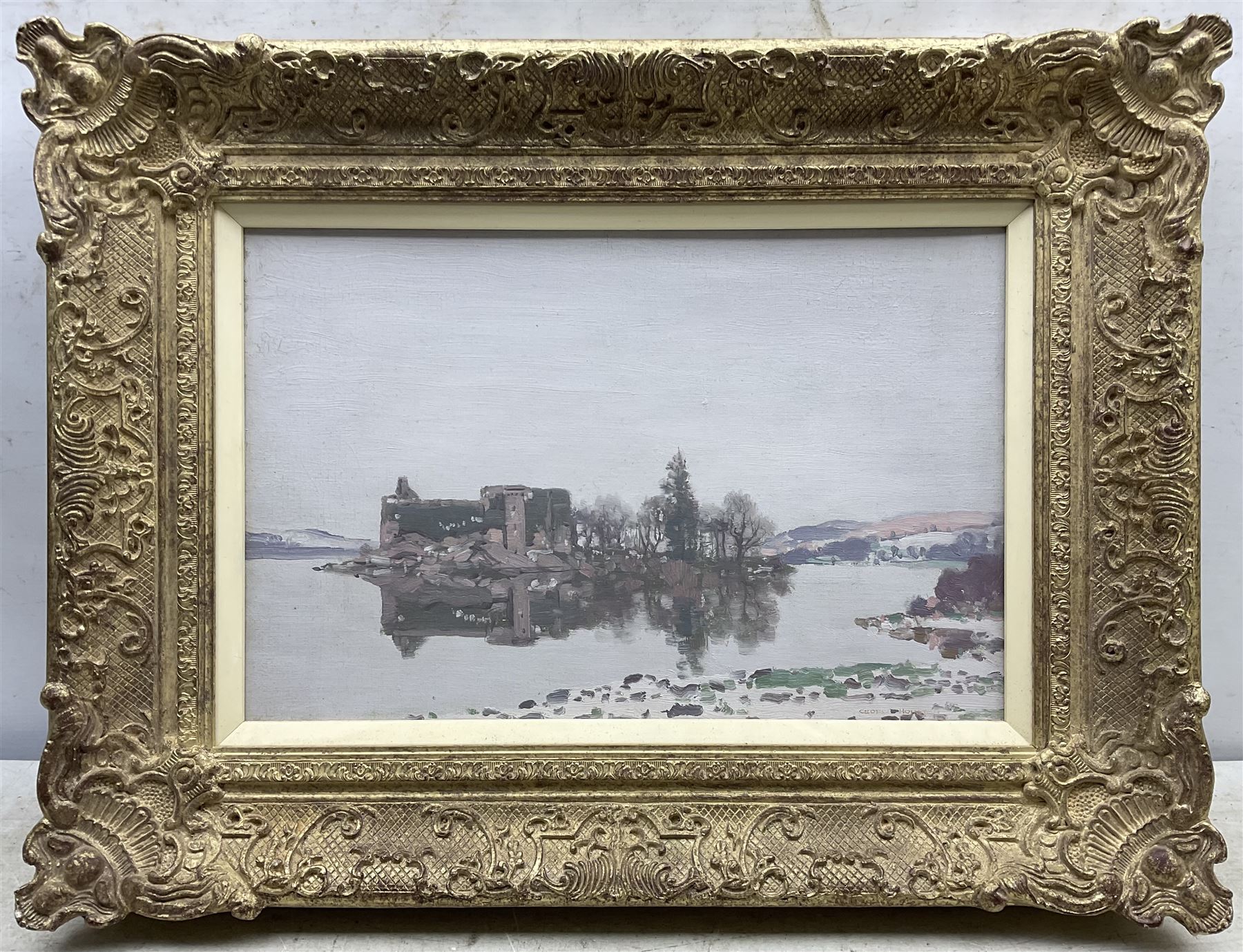 George Houston RSA RI RSW (Scottish 1869-1947): 'Ardchonnel Castle (Innis Chonnel) Loch Awe', oil on board signed, inscribed verso 29cm x 44cm