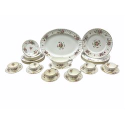 Minton Marlow pattern part dinnerware, comprising oval serving platter, six dinner plates, six sides plates, six tea plates, gravy boat and stand, six cups and saucers.  