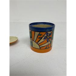 Clarice Cliff Fantasque for Wilkinson Pottery preserve pot, circa 1928, of drum form decorated in Sunray Leaves pattern, H8cm