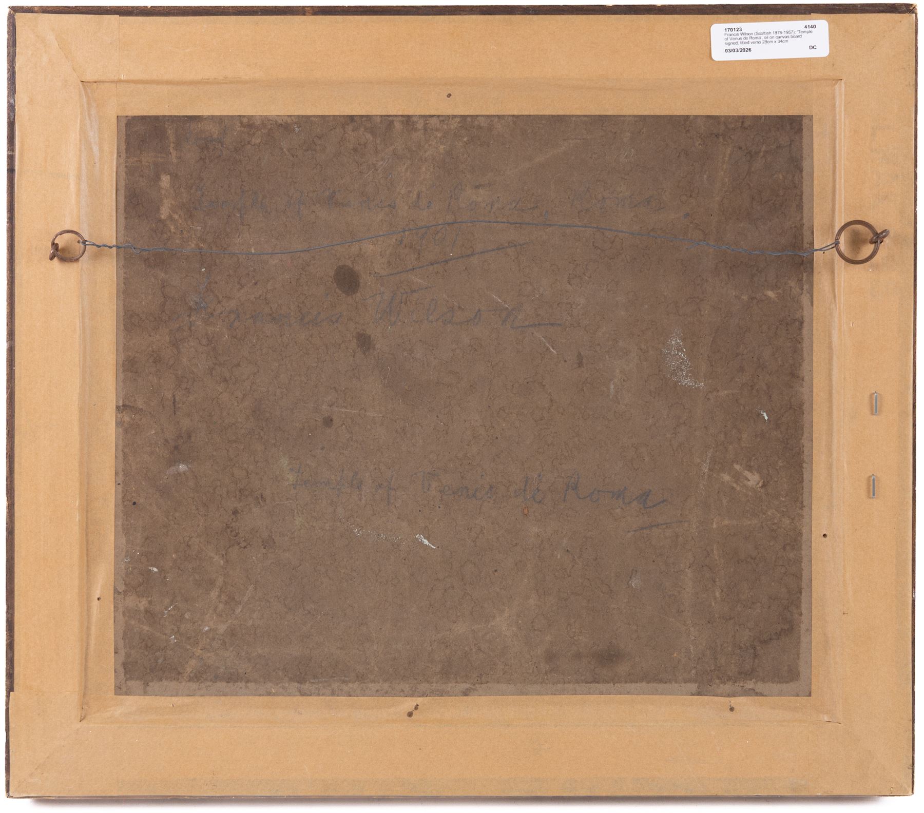 Francis Wilson (Scottish 1876-1957): 'Temple of Venus de Roma', oil on canvas board signed, titled verso 28cm x 34cm