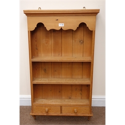  Solid pine wall hanging cabinet, two shelves above two drawers, W56cm, H100cm, D14cm  