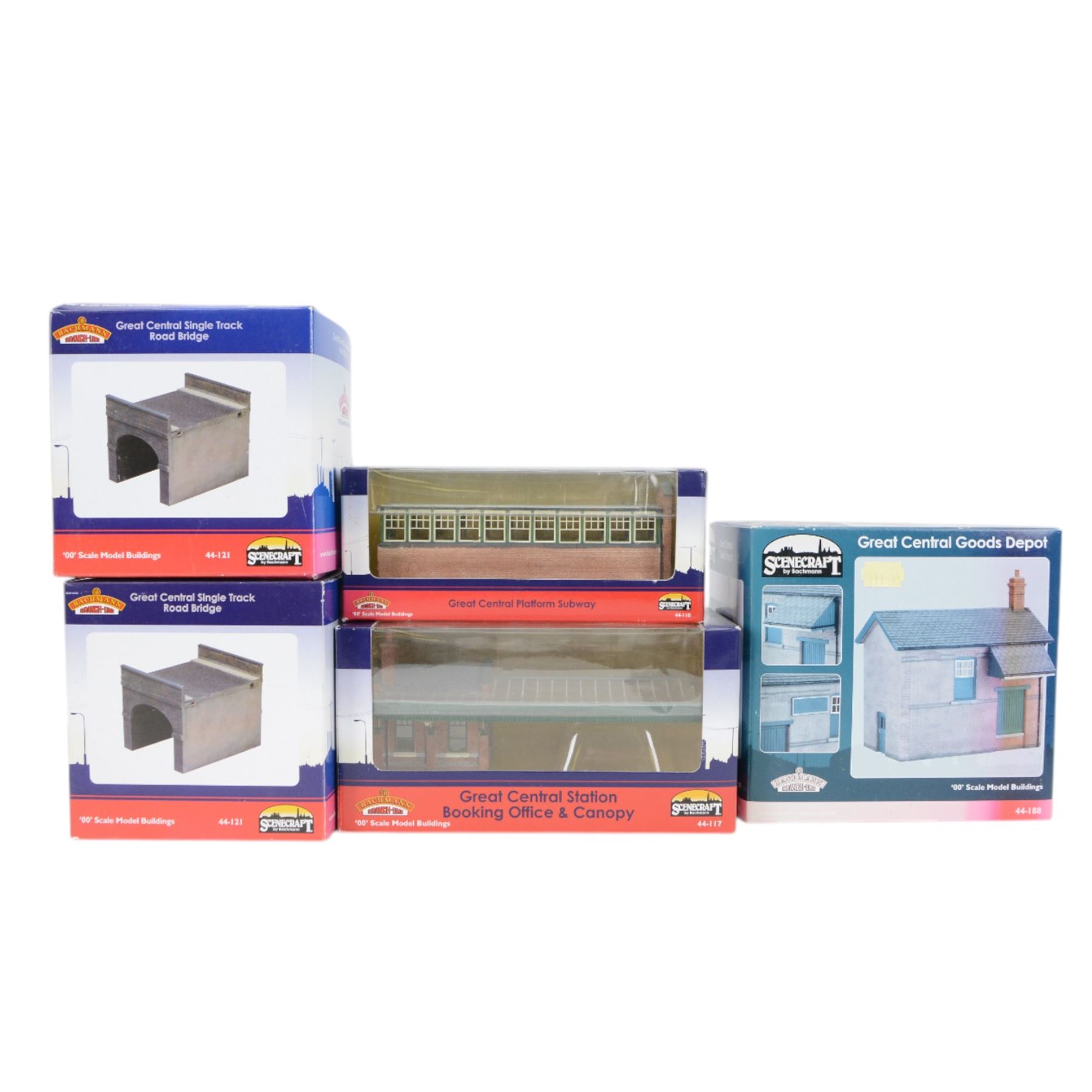 Nine Bachmann Scenecraft 00 gauge 'Great Central Station' model railway trackside buildings, comprising 44119 High Level Station Entrance, 44117 Booking Office & Canopy, 44187 Signal Box, 44188 Goods Depot, 44118 Platform Subway, two 44121 Single Track Road Bridges, 44153 Straight Platforms and 44154 Platform Ramps, all boxed 
