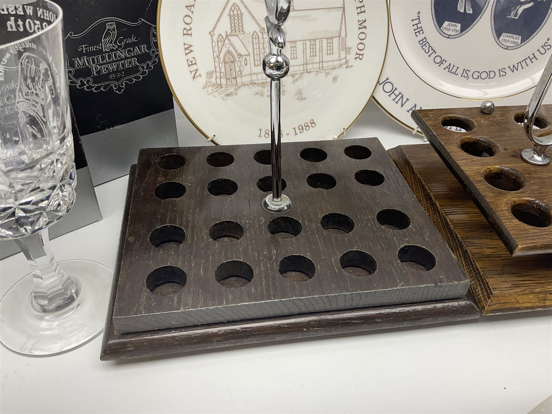 Collectables relating to the Methodist Church, including plates, goblet and mugs commemorating the 250th anniversary of the church, together with two wooden communion cup holders, etc