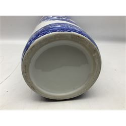 Victoria Ware blue and white umbrella stand, decorated with transfer print decorated with city scape, H43cm