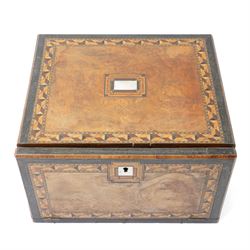 Victorian walnut writing/needlework box with parquetry banding and mother of pearl escutcheon and key plate, hinged lid with fitted interior and fall front with writing surface and two small drawers 