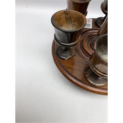 Victorian turned rosewood and walnut egg cup stand, with six egg cups on raised circular base, H34cm