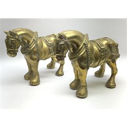 Pair of heavy brass figures modelled as shire horses, H25cm