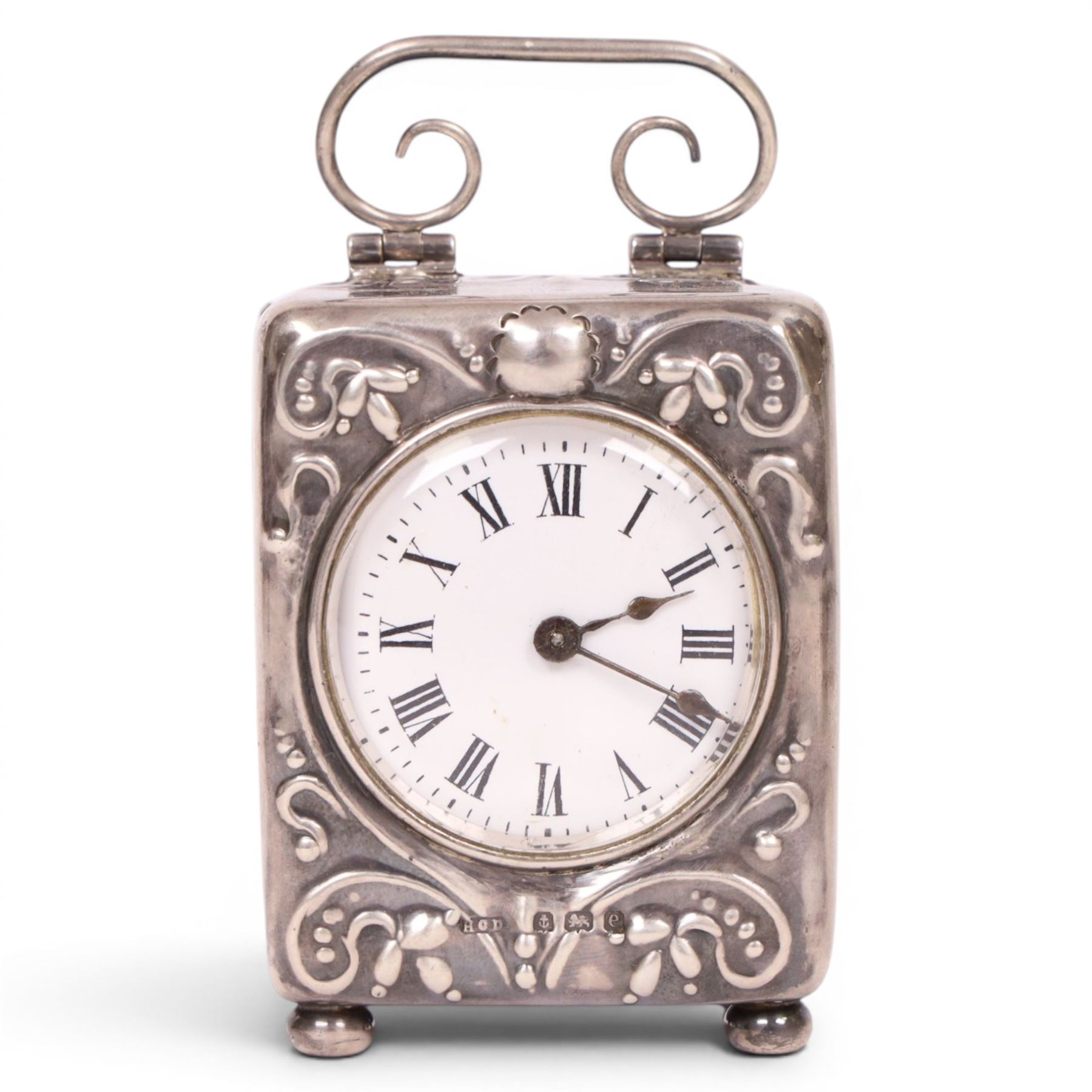 Edwardian miniature silver cased carriage clock timepiece, hallmarked Henry Clifford Davis, Birmingham 1904, the white enamel dial with roman numerals, French movement with fixed key wind, H8cm