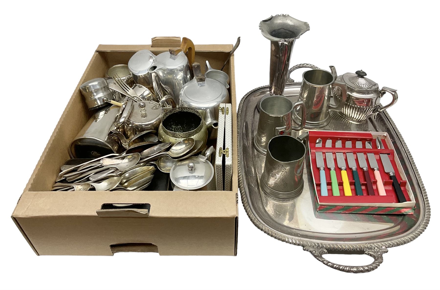 Collection of silver plate to include teapots, coffee pots, milk jug, sucrier, serving spoons, etc, together with pewter tankards 