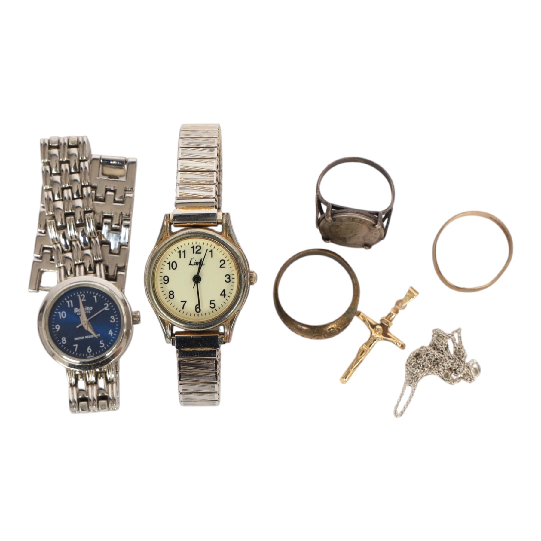 9ct gold cross and wedding band, together with a silver ring, gilt ring and two wristwatches